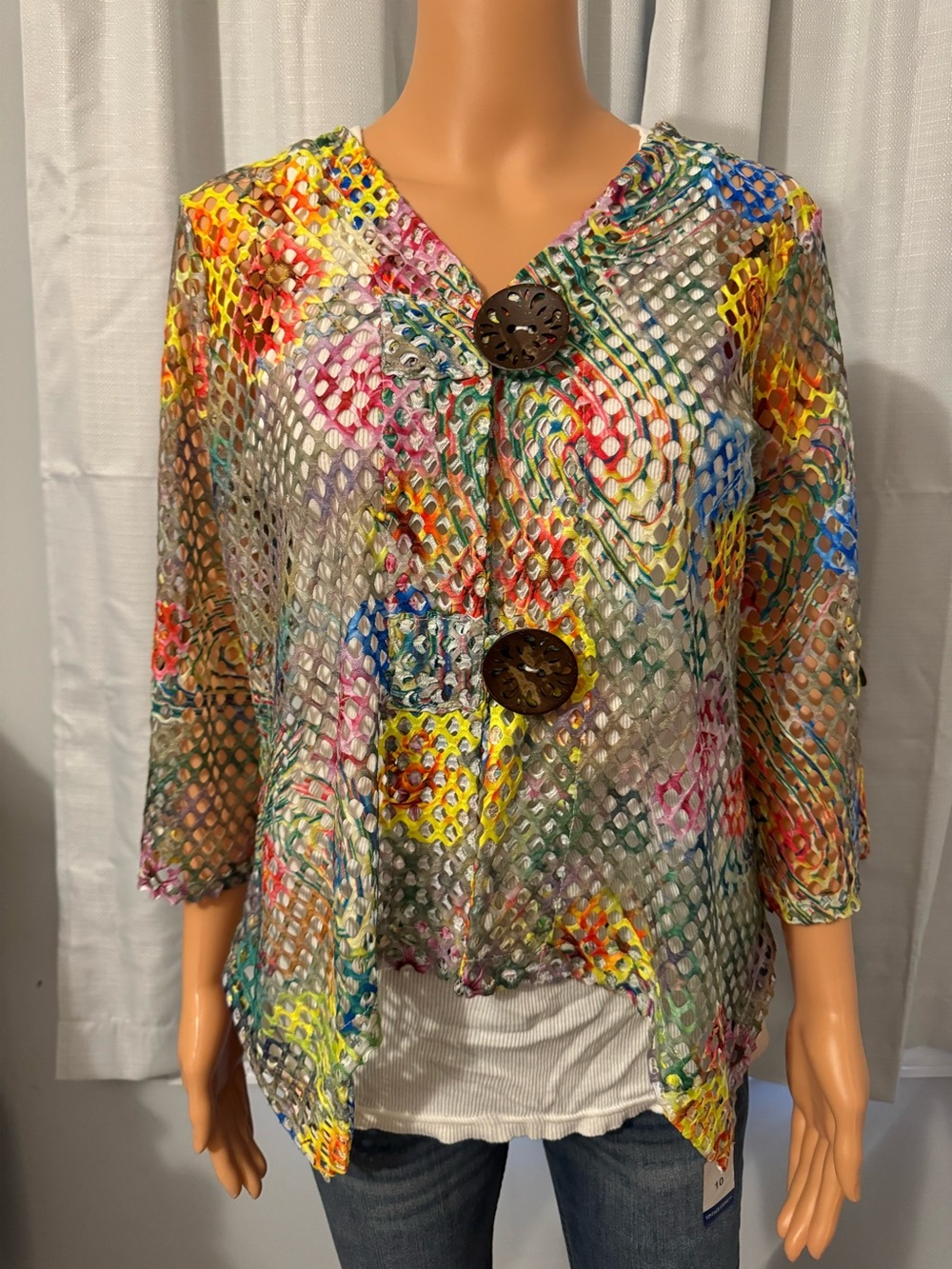 Pretty Nina Leonard size M multi color mesh 3/4 sleeve button front shirt new